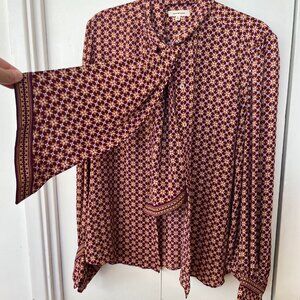 Max Studio Georgette Blouse Tie Neck Button Front Long Cuff Sleeve Geo Print